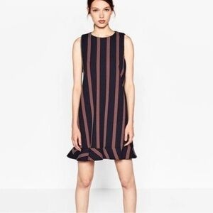 Zara Trafaluc Navy Red Striped Ruffle Hem Mod Menswear Dress NWOT XS Retro